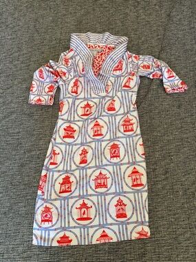 Gretchen Scott “Odessa” Jersey dress ruffled neck pagoda print women’s sz medium